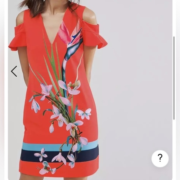 Ted Baker Leea Orange Colorful Floral Print Cold Shoulder Dress Size 2 V Neck - Picture 9 of 12